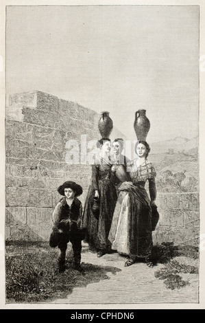 Women carrying water vases on head, old illustration Stock Photo