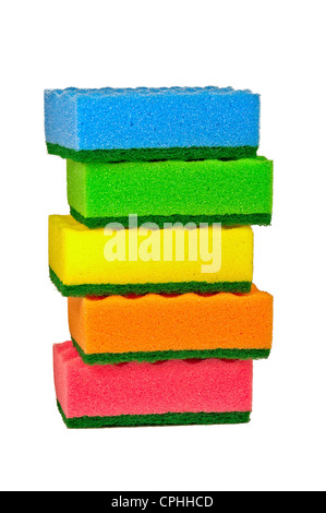 Five multi-colored sponges for washing dishes. Stock Photo
