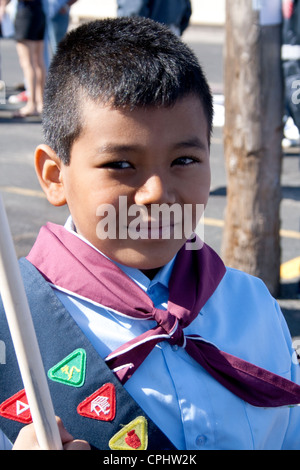 Happy Mexican American Boy Scout participating in parade and fiesta. Mexican Independence Day Minneapolis Minnesota MN USA Stock Photo