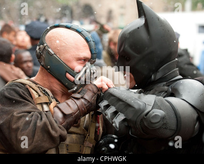 THE DARK KNIGHT RISES 2012 Warner Bros film with Christian Bale as Batman and Tom Hardy as Bane Stock Photo