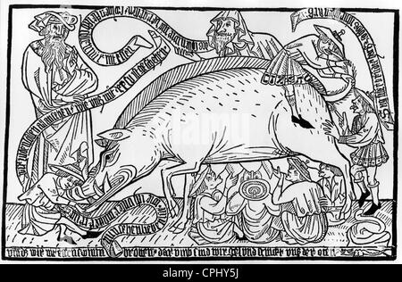 Anti-semitic pamphlet titled 'Das Judenschwein' ('The Jewish Pig'), Frankfurt, 1451 (woodcut) Stock Photo