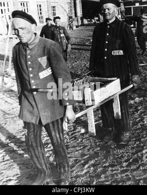 Camp internees in striped uniforms doing forced labour at Sachsenhausen concentration camp, Brandenburg, 1936 (b/w photo) Stock Photo