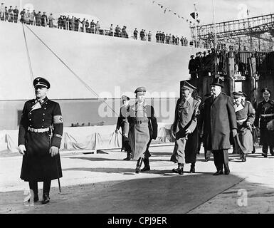 Adolf Hitler leaving the shipbuilding company Blohm and Voss, following the launch of the battleship 'Bismarck', Hamburg, 1939 Stock Photo