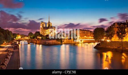 Notre Dame, River Seine and Ile de la Cite at twilight, Paris France Stock Photo
