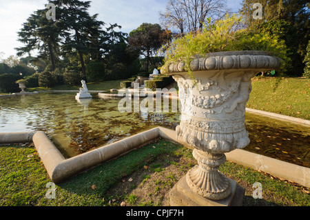 BARCELONA, SPAIN - DECEMBER 2011 : Pond with a woman statue in Park Pedralbes. Stock Photo