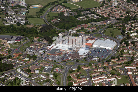 aerial view of Castle Dene Shopping Centre in Peterlee town centre, in County Durham Stock Photo