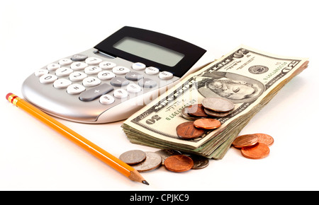 Personal finance and accounting with calculator, money and yellow pencil isolated on white background. Stock Photo
