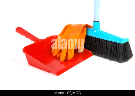 Scoop for dust rubber gloves and brush on a white background Stock Photo