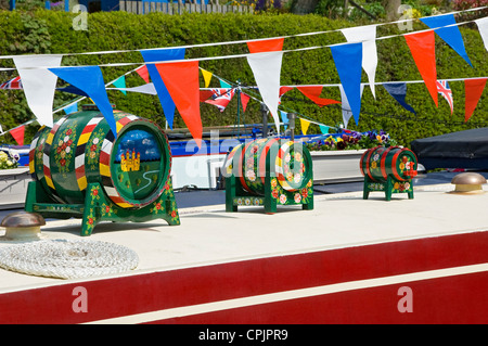 Close up of traditional hand painted barrels on narrow boat narrowboat Skipton North Yorkshire England UK United Kingdom GB Great Britain Stock Photo