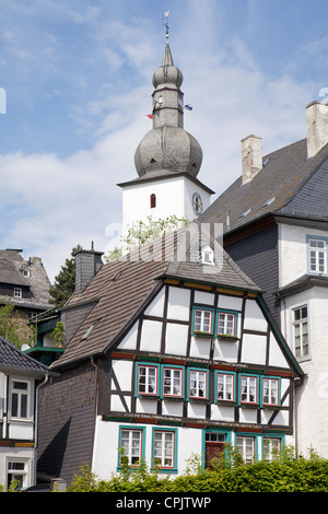 frame house, belfry, old town, Arnsberg, Sauerland, North Rhine-Westfalia, Germany Stock Photo