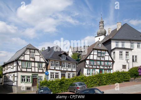 frame houses, belfry, old town, Arnsberg, Sauerland, North Rhine-Westfalia, Germany Stock Photo