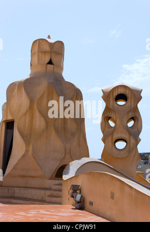 Passeig de Gràcia, Barcelona, Catalonia, Spain. Ventilation towers on the roof of the Casa Milà, better known as La Pedrera . Stock Photo