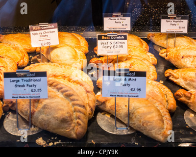 Pasty and pasties for sale in a shop in Exeter including Steak Pasty, Lamb and Mint and more Stock Photo