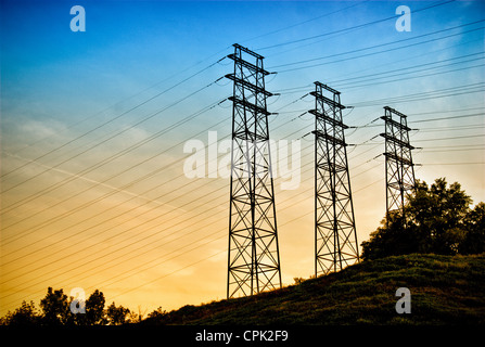 Three electrical towers with many power lines Stock Photo