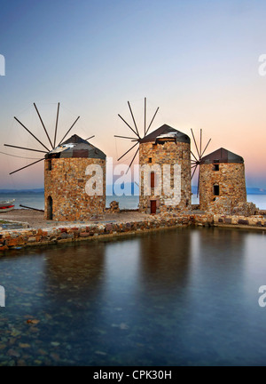 Beautiful windmills right by the sea in Chios town, Chios island, Northeast Aegean, Greece Stock Photo