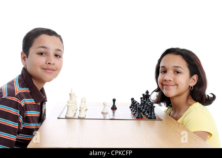 Picture of children ready to play chess set on white background Stock Photo