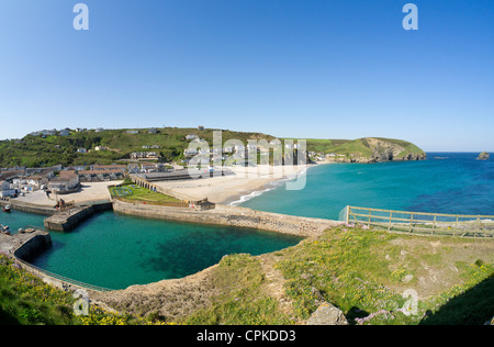 Portreath seaside village harbour and beach from Lighthouse hill.  Cornwall UK. Stock Photo