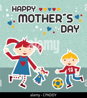 Happy children celebrating Mother's Day on blue background. Vector file layered for easy manipulation and custom coloring. Stock Photo