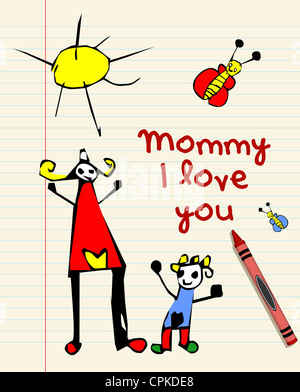 I love you mommy child drawing on striped sheet background. Vector file layered for easy manipulation and custom coloring. Stock Photo