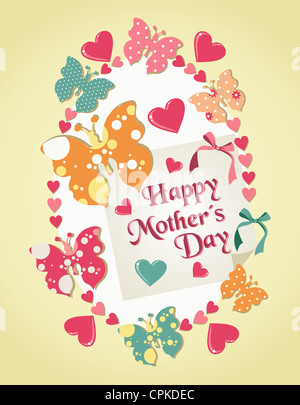 Happy Mothers Day greeting card with heart and butterflies background. Vector file layered for easy manipulation and custom coloring. Stock Photo