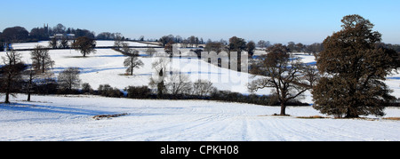 A snowy winter scene over the river Welland Valley near Easton on the Hill village, Northamptonshire England; Britain; UK Stock Photo