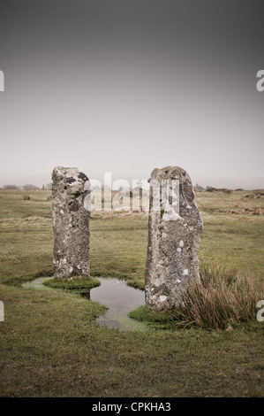 The Pipers near the Hurlers stone circles located on Bodmin Moor, Cornwall, England, UK. Stock Photo