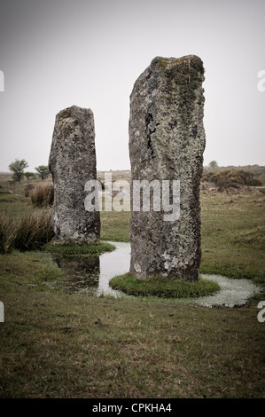 The Pipers near the Hurlers stone circles located on Bodmin Moor, Cornwall, England, UK. Stock Photo