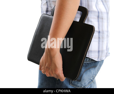 Business man walking and holding tablet pc on white background Stock Photo