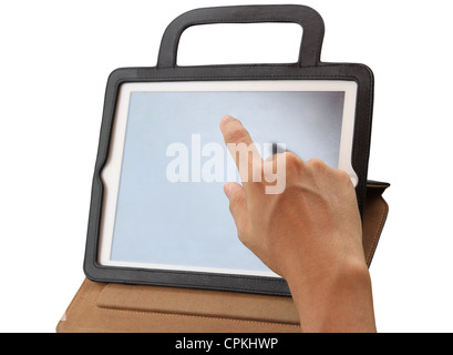 Student hand point working on his tablet and white background Stock Photo