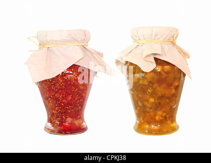 Two jars of fruit jam isolated on white background Stock Photo