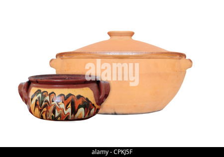 Traditional clay pots for cooking isolated on white Stock Photo
