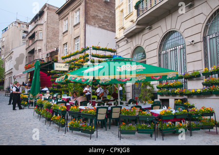 Restaurant terraces along Skadarska street Skadarlija bohemian quarter central Belgrade Serbia Europe Stock Photo