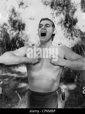 A black and white portrait of the film star Johnny Weismuller taken in Los Angeles in 1939. Stock Photo