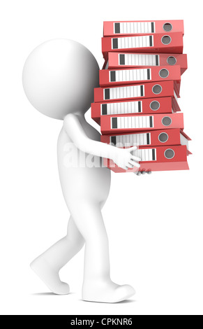 3D little human character carrying a large pile of Ring Binders. Red. People series. Stock Photo