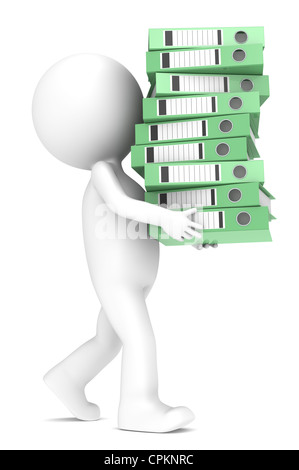 3D little human character carrying a large green pile of Ring Binders. People series. Stock Photo