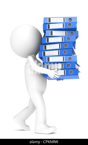 3D little human character carrying a large pile of Ring Binders. Blue. People series. Stock Photo