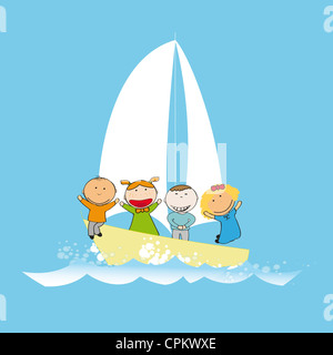 Small and happy kids on small boat Stock Photo