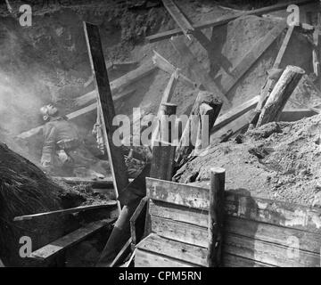 Dead soldier in a trench - film scene Stock Photo