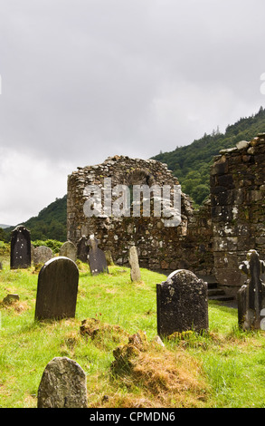 Cathedral ruins at Glendalough (Gleann Da Loch) National Heritage Center in Ireland. View over the ancient cemetery and Wicklow Stock Photo