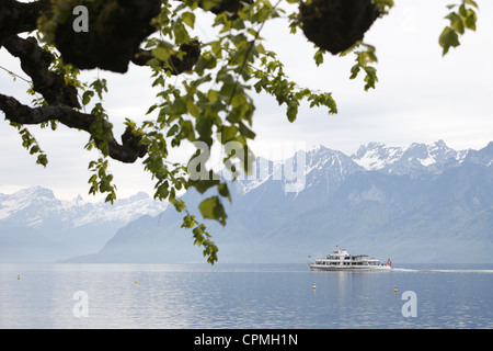 Tourist pleasure boat on Lake Geneva from Ouchy waterfront in Lausanne, Vaud, Switzerland Stock Photo
