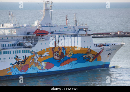 Cartoon characters mural painted on ferry sailing from Livorno Italy Stock Photo