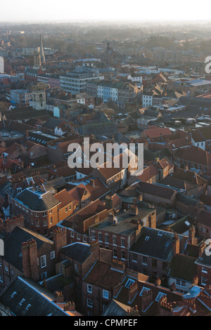A birds-eye view of York from the roof of the Minster at dusk Stock Photo