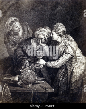 'Lot and his daughters', etching by G.F. Schmidt, after a painting by Rembrandt Stock Photo