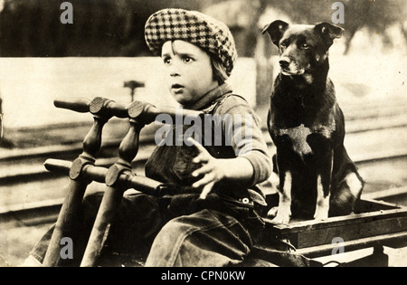 Jackie Coogan on Railroad Hand Car with Dog Stock Photo