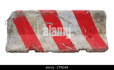 Red and white concrete barriers blocking the road. Isolated on white background Stock Photo