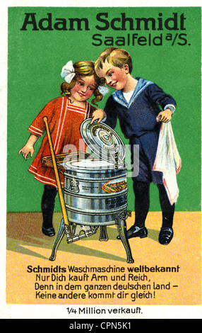 advertising, household, washing machine, boy and girl gaze in wonder of the Adam Schmidt Company, Saalfeld, Germany, circa 1913, Additional-Rights-Clearences-Not Available Stock Photo