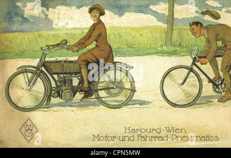 transport / transportation, motorcycle, motorcyclist and cyclist, advertising for tyres, company Pneumatic Harburg-Wien Vereinigte Gummiwaaren-Fabriken, Germany, 1923, Additional-Rights-Clearences-Not Available Stock Photo