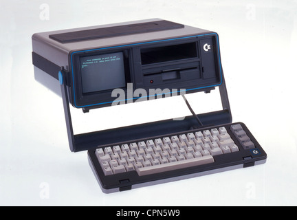computing / electronics,computer,Commodore executive computer SX-64,USA,1984,portable on basis of the C64,integrated 5 inch colour monitor,13 centimeter screen diagonal,built-in 5.25 inch floppy disk drive,1541 floppy,processor MOS 6510A,64 kilobyte working memory,carrying handle serve as support during the operating,assign on power supply system,no battery operation provided,keyboard becomes cover for the screen during the transportation,weight: 10,5 kilo,the product wars a flop for the producer Commodore,portable,forerunner of the notebook,Additional-Rights-Clearences-Not Available Stock Photo