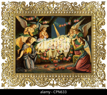 Christmas, the infant Jesus in the crib, lithograph, edited by Ed. Gust. May, Frankfurt, Germany, circa 1880, Additional-Rights-Clearences-Not Available Stock Photo