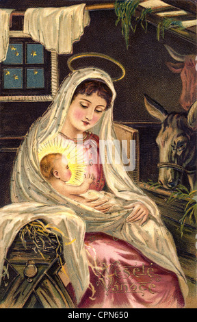 Christmas, Virgin Mother with the infant Jesus on the lap, Christmas card from Bohemia, Czechia, circa 1905, Additional-Rights-Clearences-Not Available Stock Photo